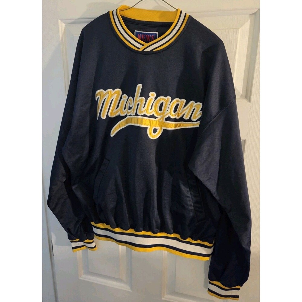 Vintage Large Pullover Michigan Sweatshirt 90s News Label Pockets Navy Stripes